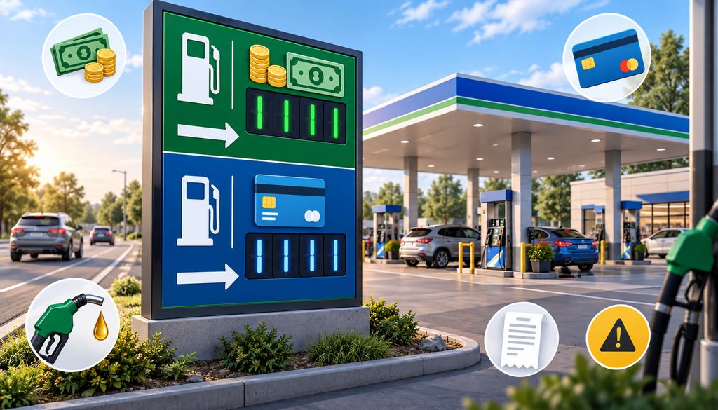 Gas station street sign showing cash and card fuel pricing options