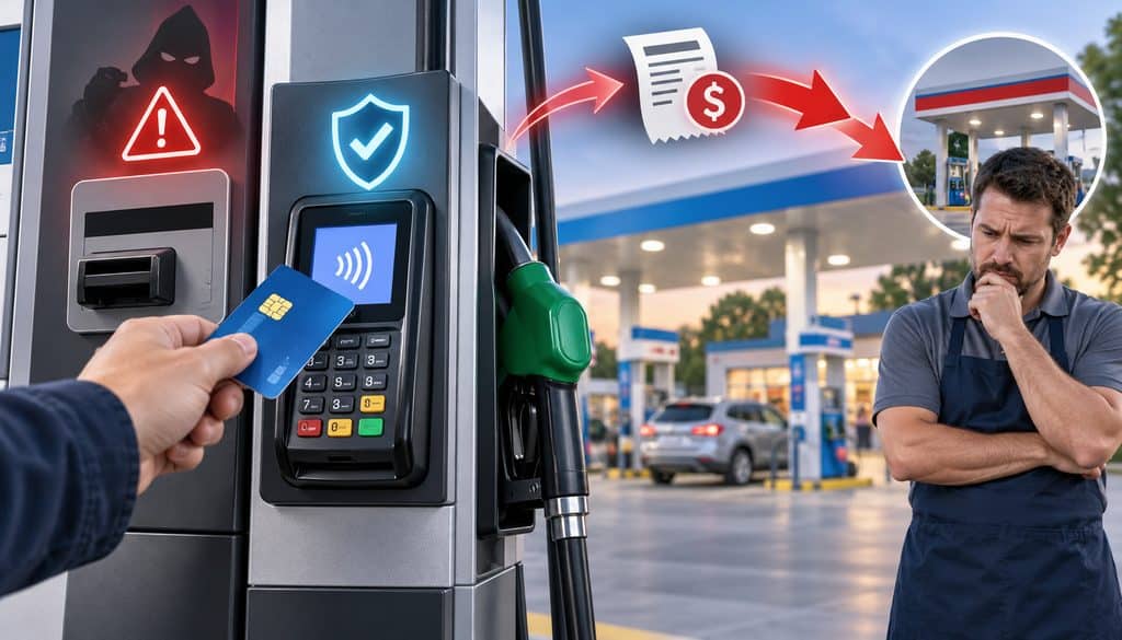 Gas pump EMV payment showing fraud liability shift to merchant