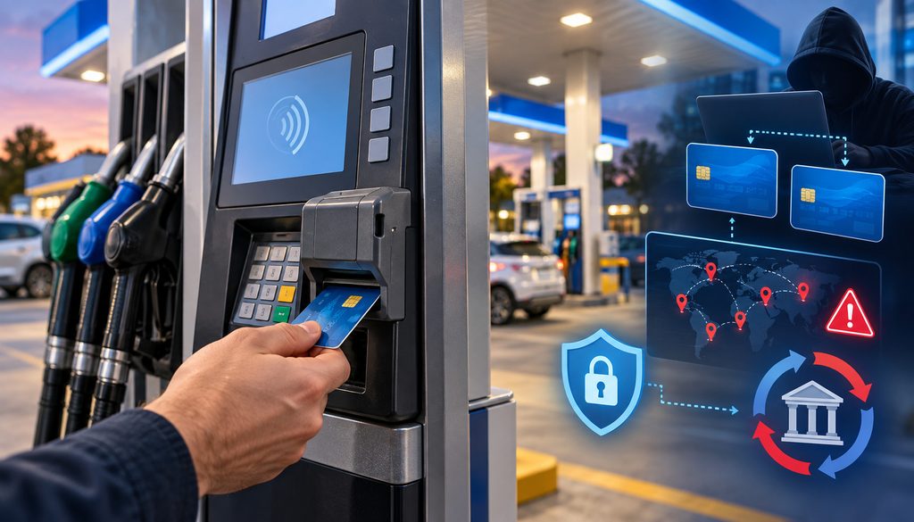 Gas pump card skimming and counterfeit fraud illustration