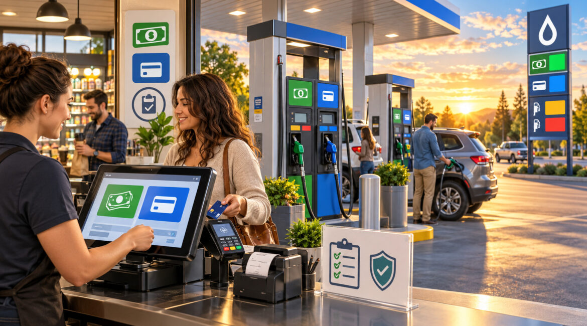 Gas station showing cash and credit fuel pricing at pumps and POS
