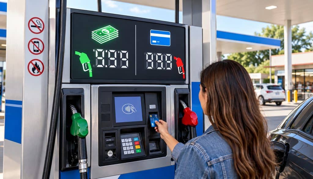 Customer comparing cash and credit fuel prices at a gas pump